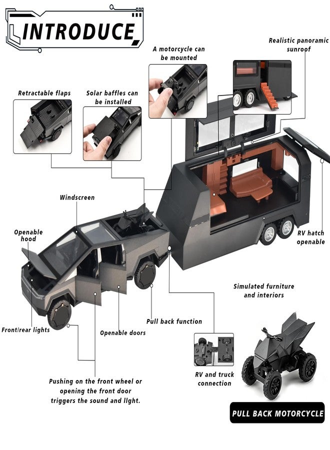 Miortior Truck Toy, Car Toy with RV, Motorcycle Cybertquad and Truck, 1/32 Alloy Diecast Pickup Trailer Model Kit with Light and Sound, for Kids Aged 6 and Up - Black - Image 3